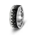 Elegant 8MM stainless steel ring featuring five rows of sparkling black and white crystals - Black and White