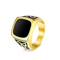 Vintage vergulde roestvrijstalen zegelring met zwarte vierkante onyx voor heren, stijlvol - Maat 7 / Keltische Knoop Zwart Vierkant Zegel Gouden Stijl (JWR1636-GO)