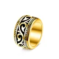 Vintage gouden roestvrijstalen brede bandring met zwart gegraveerd bloemenpatroon - Maat 7 / Gouden Vintage Krulpatroon Stijl (JWR1637-GO)