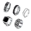 Set of five vintage stainless steel rings for men featuring unique carved and minimalist designs - Vintage Silver Ring 5-Piece Set (SMTZ3057-SI)