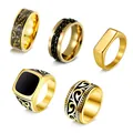 Collection of five gold finish vintage stainless steel rings for men in diverse styles. - Vintage Gold Ring 5-Piece Set (SMTZ3057-GO)