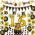 Kit de décoration complet pour 16e anniversaire noir et or avec ballons et bannière - Thème 16e Anniversaire