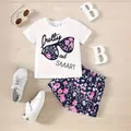 Mädchen Sommer-Outfit mit weißem T-Shirt und geblümten Shorts im Zweiteiler-Set - 90 / Oberteil Und Unterteil / Weiß