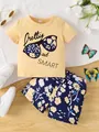 Gelbes T-Shirt für Mädchen und Shorts mit Blumenmuster und Pretty and SMART Slogan im Set - 90 / Oberteil Und Unterteil / Gelb