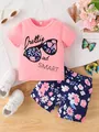 Cute toddler girl pink short sleeve t-shirt and navy blue floral shorts summer outfit set - 90 / Top And Bottom / Pink