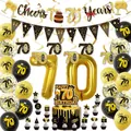 Complete gold and black 70th birthday party decoration set with balloons and banner - 70th Birthday Theme