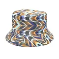 Double-sided bucket hat with vibrant geometric fan pattern print for summer sun protection. - M (56-58cm) / Blue Brown White Black Geometric Feather (14#)