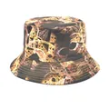 Reversible bucket hat with orange fractal print for outdoor street style sun protection. - M (56-58cm) / Black Orange Gold Fractal Geometric (38#)