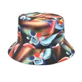 Stylish double-sided bucket hat featuring a colorful abstract skull print for men and women - M (56-58cm) / Black Multicolor Abstract Skull Pop Floral (20#)