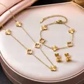 Goldschmuckset aus Edelstahl mit Kleeblatt-Halskette, Armband und Ohrringen - Gold Set / 18K Gold