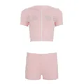 Detailed view of the pink two-piece streetwear set with rhinestone 1995 hoodie and shorts. - S / Pink
