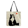 Detailed view of reusable cotton linen tote bag with cute fluffy black cat and red heart. - Cute Cartoon Cat with Red Heart (hm1240)