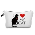 Close-up of white cosmetic bag featuring black cat silhouette and I Love My Cat print - White Black Cat Silhouette (I LOVE MY CAT) Style (hz3557)