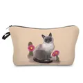 Close-up detail of a cute Siamese cat and flowering cactus print on a beige makeup bag - Beige Siamese Cat & Cactus Style (hz3558)