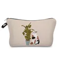 Detailed macro view of cute calico cat and green plant print on beige cosmetic bag - Beige Calico Cat & Plant Style (hz3560)