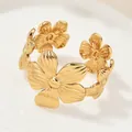Vintage gold-plated floral open ring featuring intricate flower and leaf design details - Large Five-Petal Flower with Side Leaves (SKU (8))