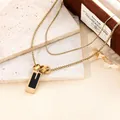 18K gold plated stainless steel necklace featuring a black rectangle pendant design - Black Rectangular Tag Hollow-out Style (20260130 Style 8)