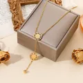 Elegant 18k gold plated titanium steel lariat necklace with meander pattern discs - Meander Pattern Round Disc Y-Shape (20260130 Style 19)