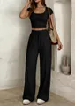 Schwarzes zweiteiliges Damen-Set mit Crop-Top und weiter Hose mit hoher Taille, modisch - S / Schwarz