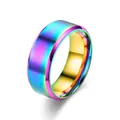 Detail showing iridescent rainbow finish and matte beveled edges on titanium steel ring - Rainbow