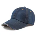 Cappellino da baseball in denim blu lavato vintage con tesa logora e cuciture gialle classiche - Regolabile / Blu scuro