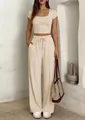 Ensemble deux pièces beige décontracté avec haut court et pantalon large femme - S / Haut Et Bas / Abricot