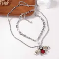 Collier double couche vintage en argent avec un pendentif abeille rouge et perle - Argent (X2963)