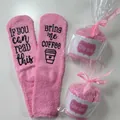 Close-up of pink coral fleece cupcake socks with funny coffee message grip - Without Cake Packaging / Pink (Coffee Cup)