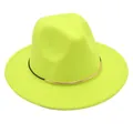 Detailed view of neon yellow wool felt fedora hat with gold and black metallic band - M (56-58cm) / Fluorescent Green