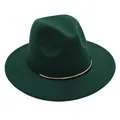 Detailed view of dark green wool felt fedora hat with elegant gold metal band decoration - M (56-58cm) / Dark Green