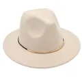 Elegant cream wool felt fedora hat with gold metal accent and black band decoration - M (56-58cm) / Beige