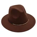 Close-up of brown wool felt jazz hat with stylish gold metal band decoration - M (56-58cm) / Coffee