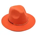 Detail view of a vibrant orange wool felt fedora with a gold decorative band - M (56-58cm) / Orange