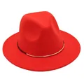 Vibrant red wool felt fedora hat with gold metal band detail and flat brim - M (56-58cm) / Orange Red