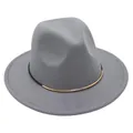 Detail of a classic grey wool felt fedora hat featuring a stylish gold and black band. - M (56-58cm) / Light Gray