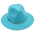 Cyan wool felt fedora hat featuring a gold metal band accent - M (56-58cm) / Lake Blue