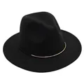 Detailed view of a classic black wool felt fedora with a minimalist gold metal band. - M (56-58cm) / Black
