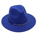 Detail view of a royal blue wool felt fedora hat with a slim decorative gold band. - M (56-58cm) / Sapphire Blue