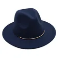Close-up detail of a navy blue wool felt fedora hat featuring a stylish gold metal band. - M (56-58cm) / Navy Blue