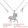 Close-up of a sparkling horse pendant necklace with detailed measurements and materials. - White Gold Galloping Horse Style (CDT1754 Real White Gold Plated)
