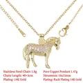 Elegant 14K gold plated copper horse pendant necklace studded with sparkling pink rhinestones - 14K Gold Plated Horse Design (CDT1755)