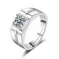Close-up detail of a classic silver engagement ring featuring a 1 carat high carbon diamond - Men's Square Zirconia Style / Silver