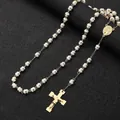 Elegant stainless steel rosary necklace with white beads and gold crucifix pendant detail - White Pearl / 8mm / Gold