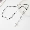 Rosario minimalista de acero inoxidable con cuentas de rayas negras y colgante cruz - Plata-Cuenta Negra