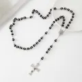 Minimalist stainless steel rosary necklace featuring black beads and a silver cross pendant - Black Beads / 6mm / Steel