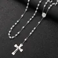 Stainless steel white bead rosary necklace featuring silver cross and medal detail - Stainless Steel S.STEEL / 6mm / Silver-White Pearl