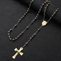Elegant gold-plated stainless steel rosary necklace featuring black beads and a cross pendant - Stainless Steel S.STEEL / 6mm / Gold-Black Bead