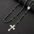 Stainless steel rosary necklace featuring black beads and a polished silver cross pendant - Stainless Steel S.STEEL / 8mm / Silver-Black Beads