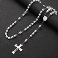 Stainless steel religious rosary necklace with white beads and silver-tone cross pendant - White Pearl / 8mm / Steel