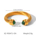 French retro stainless steel open ring with green natural stone accents, 2.8g weight - Malachite Style (XZ-R30471-GN)